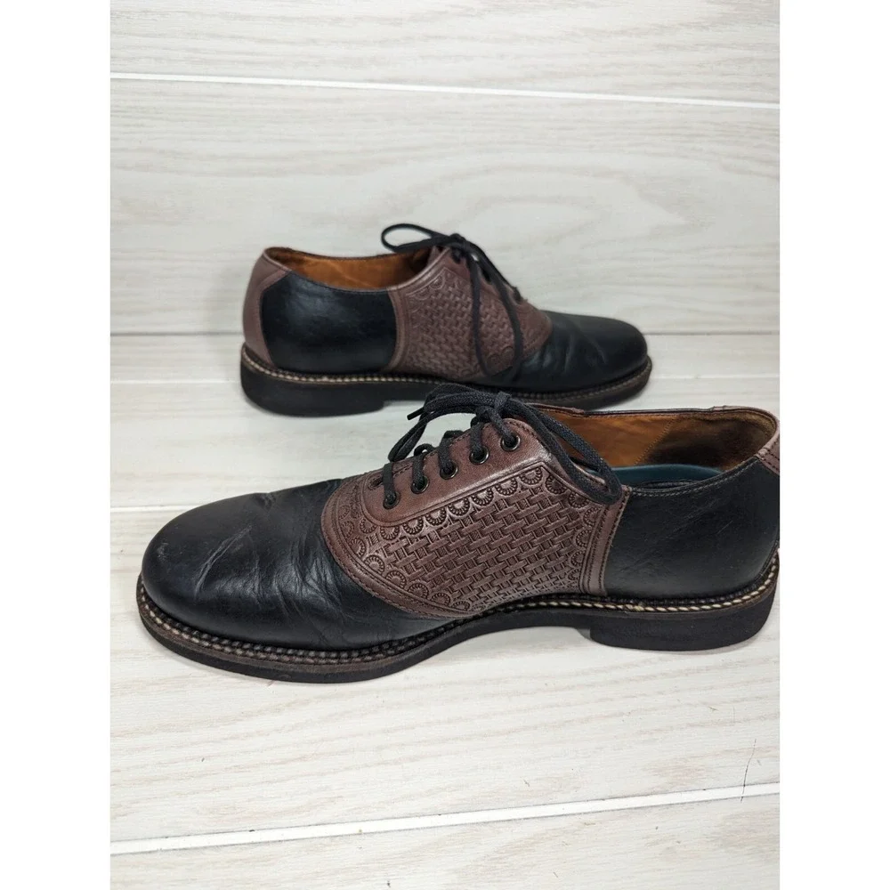 VTG HS‎ Trask Saddle Dress Shoes Mens Sz 9.5M Brown Black Leather Oxfords H4065